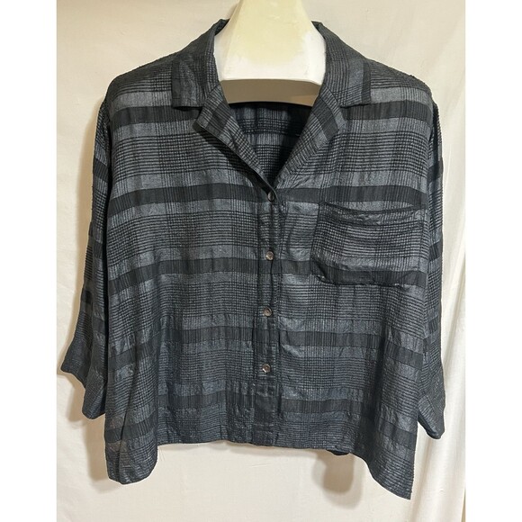 Chicos design size 3 silk  Gingham plaid blouse button front black Sheer K - Picture 1 of 5
